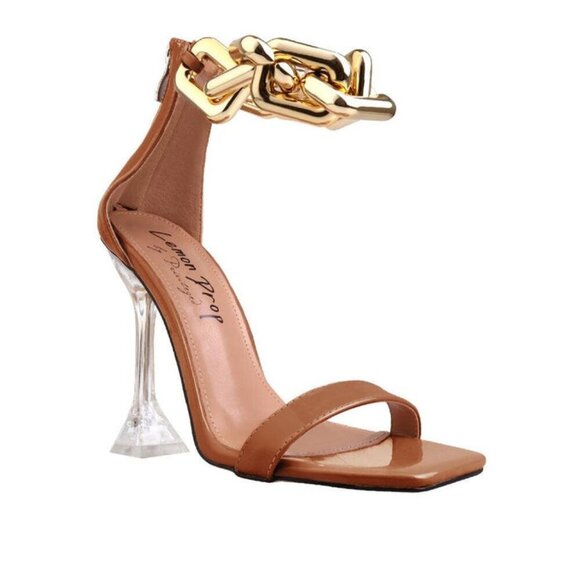 " CHAINED BLISS " Cognac Gold Chained Sandal ( BRAND NEW !!!!!!!!!!!!!!!!!!! - Picture 4 of 5